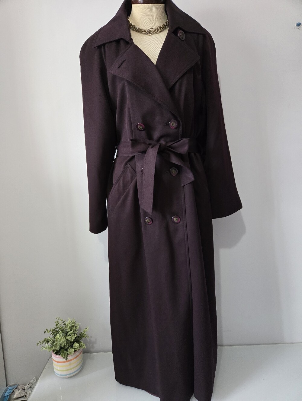 Anna Collection Vintage 100% Virgin Wool Deep Plum Purple Long Trench. Size 14